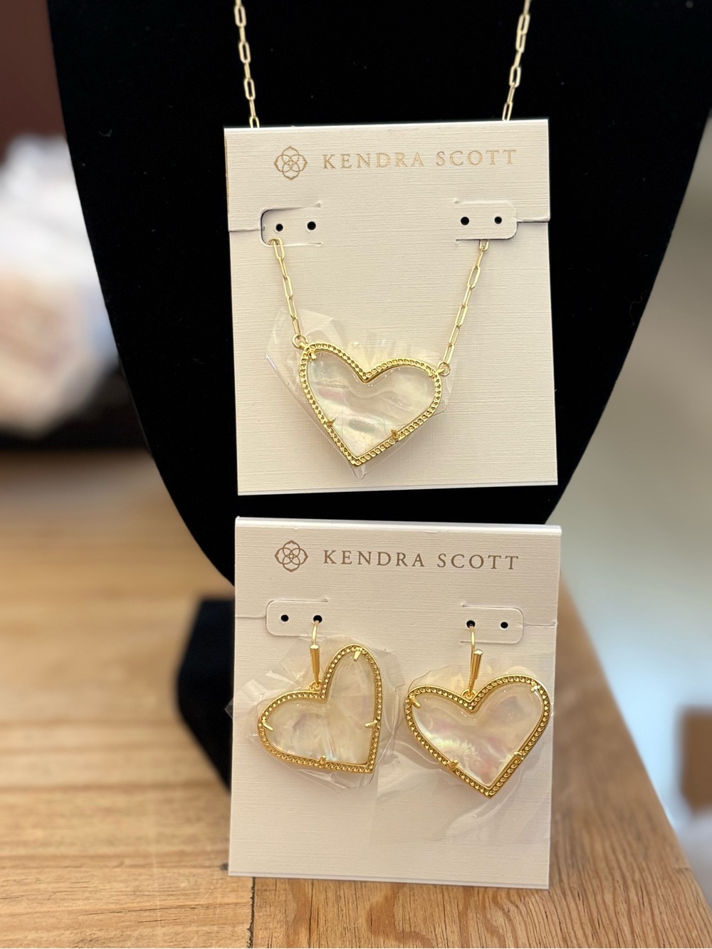 Kendra Scott Gold Heart Pendant Necklace and Earrings with Mother-of-Pearl Inlay